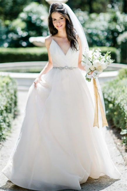 Latest V-Neck Chiffon Long Wedding Dress A-Line Elegant Spaghetti Strap  Bridal Gowns