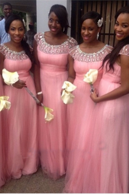 Pink Tulle Crystal Empire Short Sleeve Bridesmaid Dresses with Beadings Floor Length Cute Wedding Dress