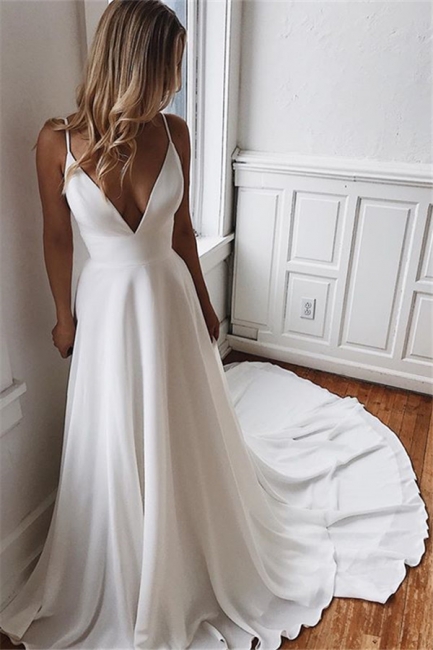 Sexy Spaghetti-Straps V-Neck White Wedding Dresses Backless Chiffon Sleeveless Bridal Gowns Online