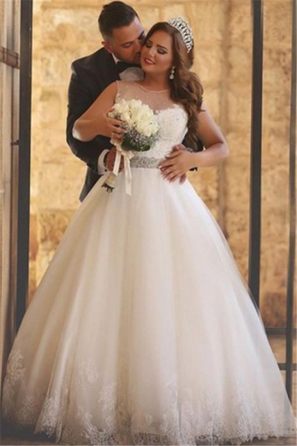 A-Line Crystal Floor Length Bridal Dress Crew Neck Plus Size  Lace Wedding Dresses