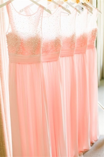 Empire Pink Chiffon Long Bridesmaid Dress with Beadings  Cute Floor Length Wedding Dresses