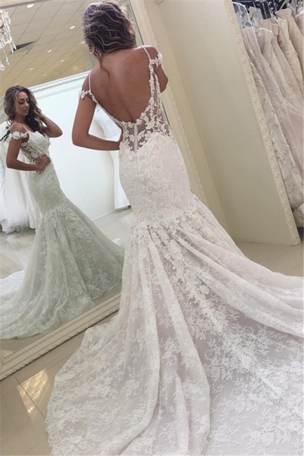 Modern Lace Mermaid Wedding Dress | Off-the-shoulder Open Back Bridal Gowns