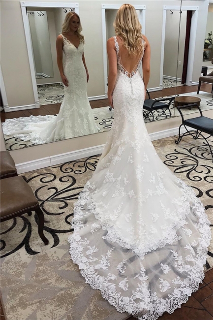 Elegant Straps V-Neck Backless Lace Mermaid Wedding Dresses | Bridal Gowns Online