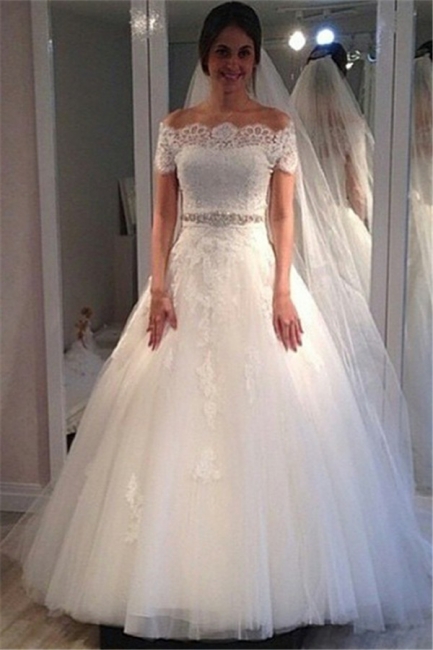 Off-the-shoulder Sweep-Train Short-Sleeves Elegant A-line Lace Wedding Dress