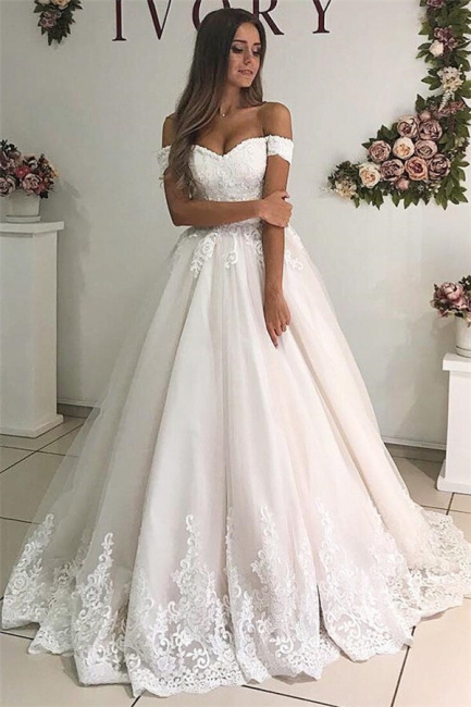 Chic Off-the-Shoulder Tulle A-Line Wedding Dresses Sexy Sweetheart Sleeveless Bridal Gowns with Appliques