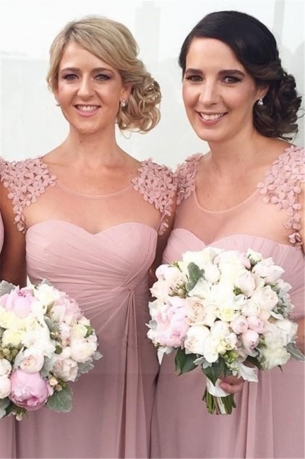 Long Pink Handmade Sheer-Neck Flowers Chiffon Bridesmaid Dresses
