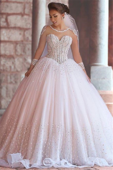 Luxurious Long Sleeve Sheer Tulle Wedding Dresses  Beadings Ball Gown Bridal Dresses