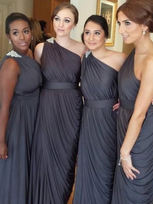 One Shoulder Crystal Long Bridesmaid Dress Chiffon Ruffles Plus Size Wedding Party Dresses for Women
