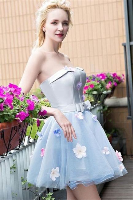 Flowers Strapless Satin Tulle Homecoming Dress