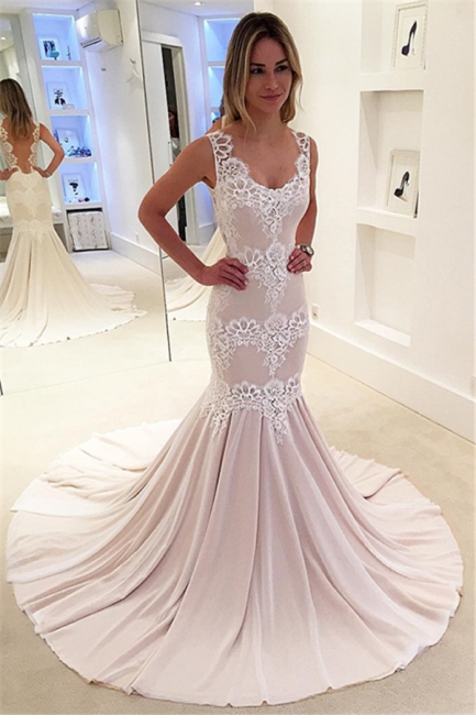 Modern Mermaid Lace Sleeveless Prom Dresses | Straps Sweep-Train Evening Gowns