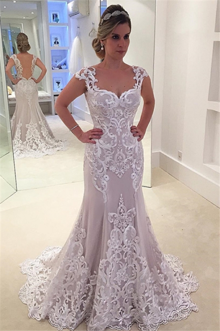 Elegant Lace Cap-sleeve Wedding Dress  | Mermaid Sweep-Train Bridal Gowns
