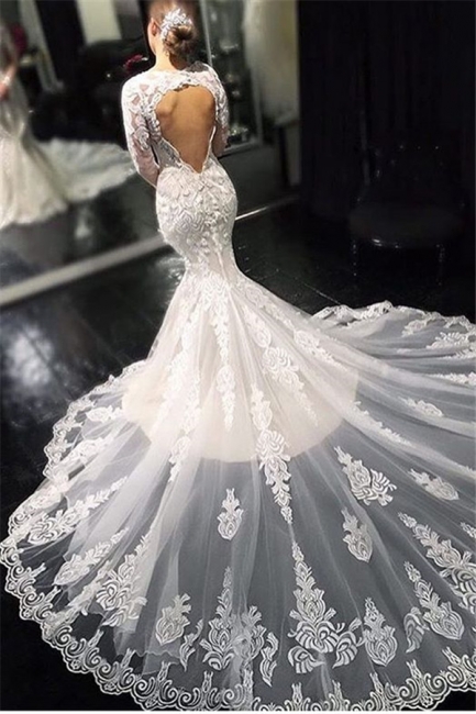 Glamorous Lace Appliques Long Sleeves Mermaid Wedding Dresses | Bridal Gowns Online