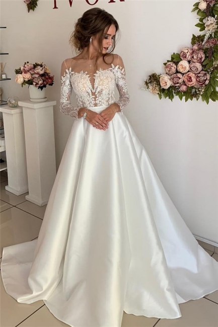 Gorgeous Appliques Long-Sleeves A-Line Wedding Dresses | Bridal Gowns Online