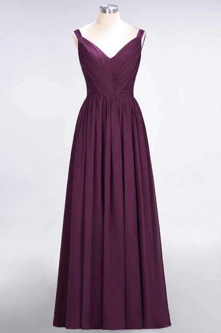 A-line Chiffon Straps V-Neck Summer Backless Floor-Length Bridesmaid Dress UK with Ruffles