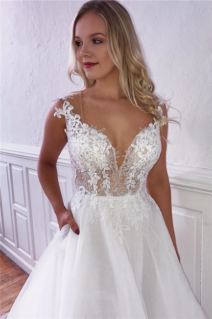 Gorgeous Straps Tulle Lace White Wedding Dresses Sexy Appliques Backless Bridal Gowns On Sale