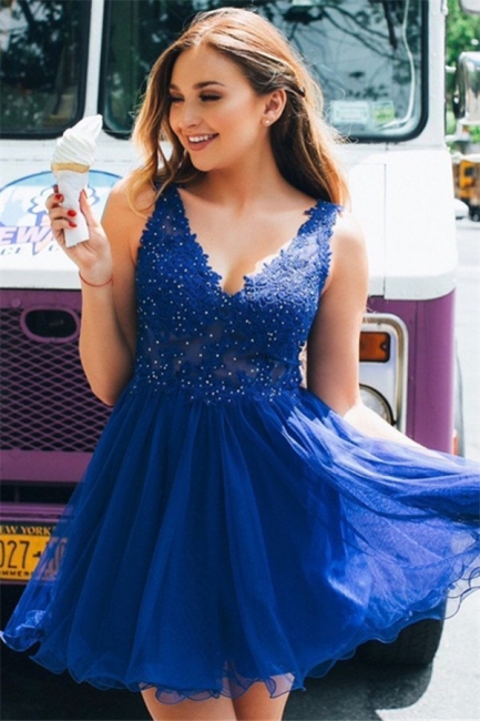 V-Neck Appliques Beading Mini Homecoming Dress