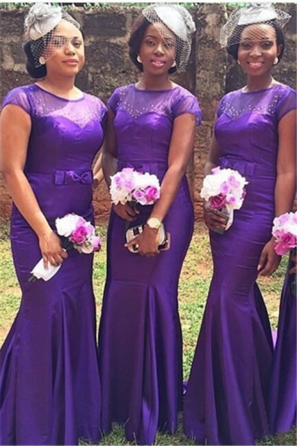 Mermaid Beadings Purple Bow Short Sleeves Popular Bridesmaid Dresses