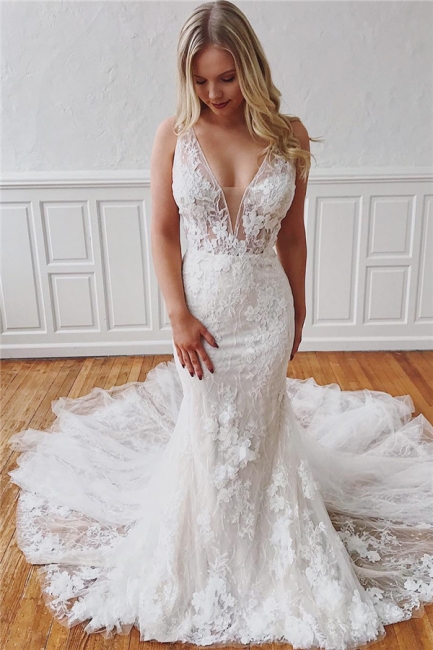 Glamorous Straps V-Neck Lace Mermaid Detachable Wedding Dresses | Bridal Gowns Online