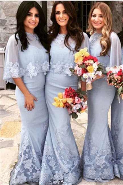 Special Mwemaid Lace Bridesmaid Dresses with Applique Satin Shawl Floor Length Wedding Dress BA7255
