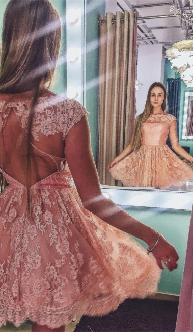 Pink Lace Jewel Sleeveless Open-Back Short Homecoming Dress