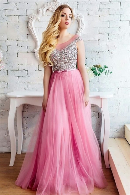 Modest Tulle Scoop Sleeveless Beading Prom Dress Ruffles Rhinestones Party Dresses On Sale