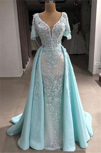 Fantastic Tulle V-Neck Lace Mermaid Long Prom Dress Short-Sleeves Appliques Party Dresses with Pearls