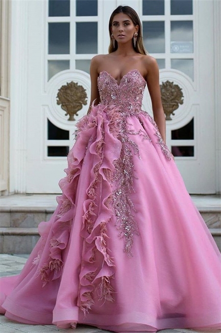 Exquisite Strapless Sweetheart Lace Long Prom Dress Ruffles Appliques Formal Party Dresses On Sale