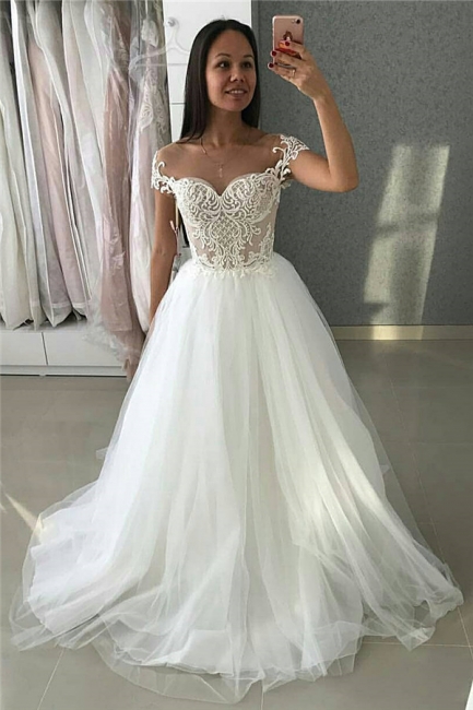 Affordable A-Line Tulle Cap-Sleeves Appliques Wedding Dress | Bridal Gowns On Sale