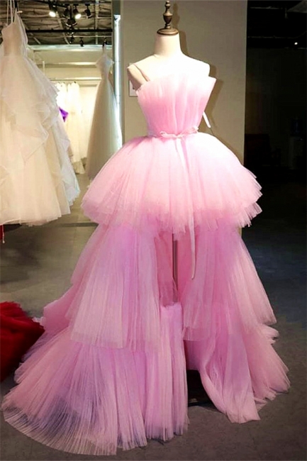 Fantastic Hi-Lo Tulle Strapless Pink Prom Dress Sexy Sleeveless Ruffle Party Dresses On Sale
