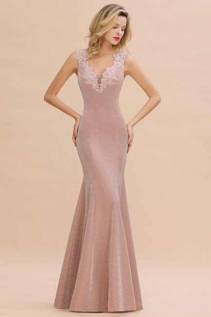 Chic Deep V-Neck Sleeveless Pink Prom Dress Glittery Appliques Mermaid Evening Dresses On Sale