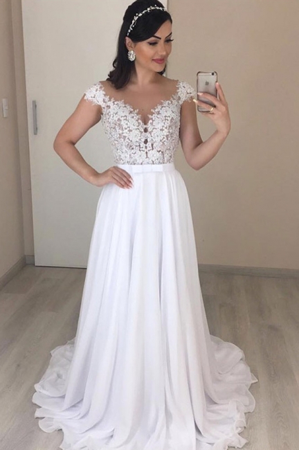 Stylish Off-the-Shoulder A-line Wedding Dresses Mermaid Appliques Cap Sleeves Bridal Gowns with Ruffles