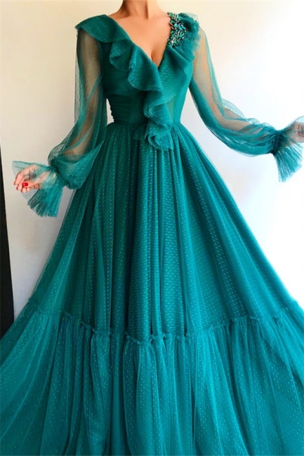 Stunning Long Sleeves V-Neck Prom Dress Beading Ruffles Green Evening Dresses On Sale