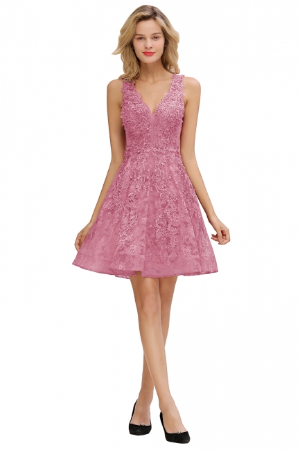 Simple V-Neck Straps Lace A-Line Short Prom Dress Appliques Sleeveless Knee Length Party Dresses Online