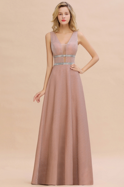 Sexy Deep V-Neck Pink Long Prom Dress Sleeveless V-Back Evening Dresses with Beadings Sash