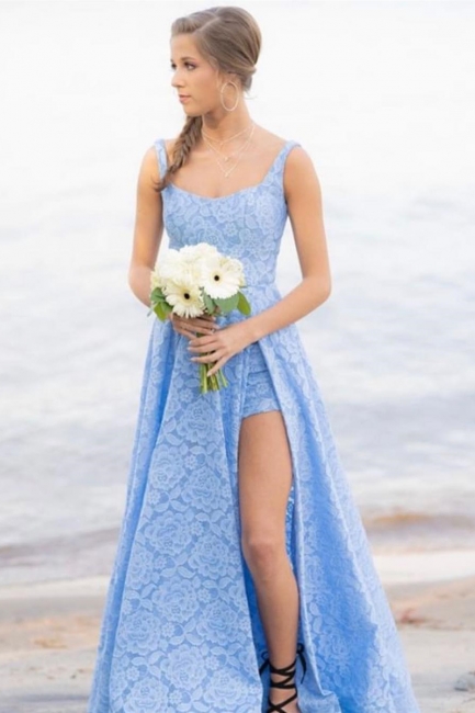 Modest A-Line Straps Lace Blue Prom Dress Sleeveless Front Slit Appliques Party Dresses