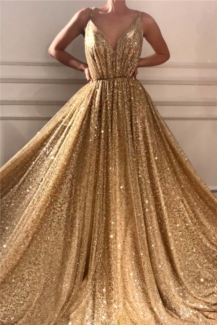 Gorgeous Spaghetti Straps V-Neck Long Prom Dress Sleeveless Sequins Gold Formal Dresses On Sale
