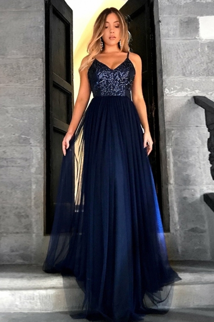 Gorgeous V-Neck Spaghetti Traps Tulle Navy Prom Dress A-Line Sequins Top Party Dresses On Sale