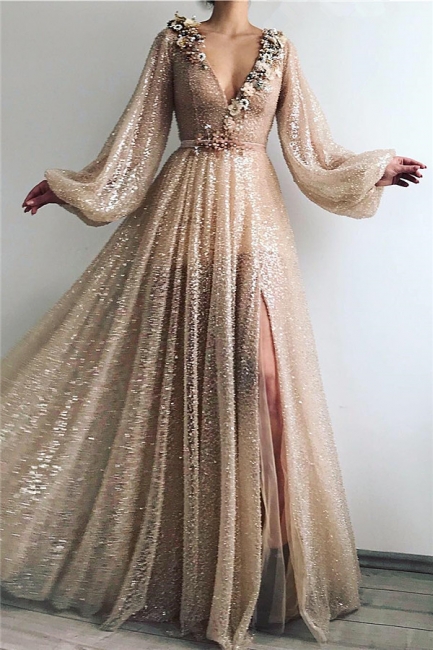 Chic V-Neck Long Sleeves Flowers Prom Dress Stunning Sequins Front Slit Evening Dresses Online