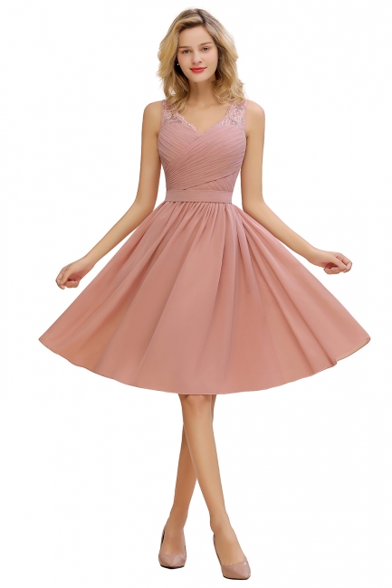 Fantastic A-Line V-Neck Knee Length Dusty Rose Prom Dress Chiffon Short Party Dresses with Pleats Online