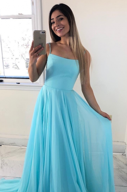 Exquisite Spaghetti Straps Criss-Cross Straps Prom Dress A-Line Plain Cyan Chiffon Formal Party Gowns