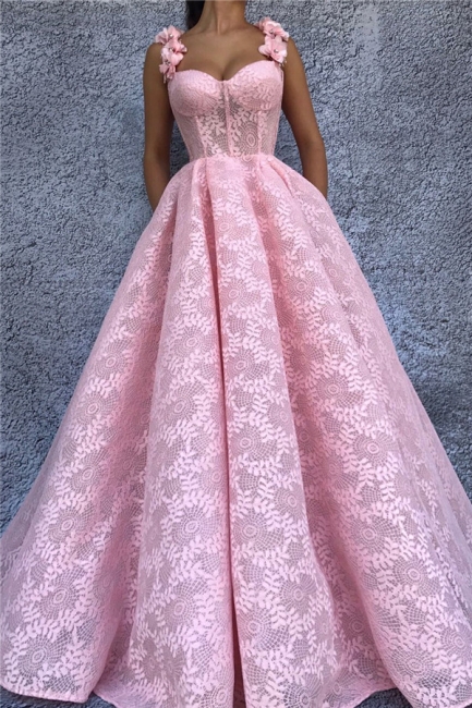 Affordable Lace Sweetheart Pink Prom Dress Straps Sleeveless Long Evening Dresses with Flower