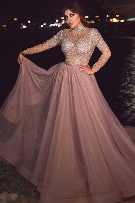 Elegant A-line High-Neck Prom Dresses Dusty Pink Long Sleeves Evening Gowns Online