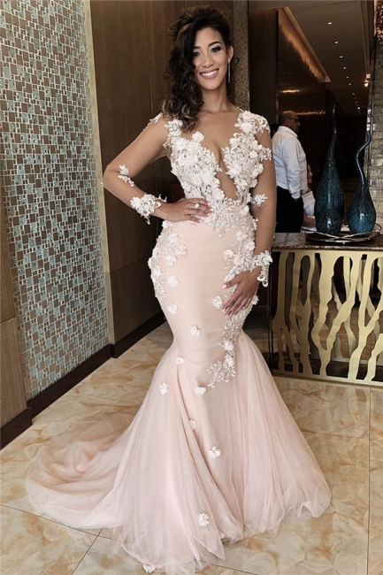 Gorgeous V-Neck Long Sleeves Prom Dresses Mermaid Appliques Formal Party Dresses On Sale
