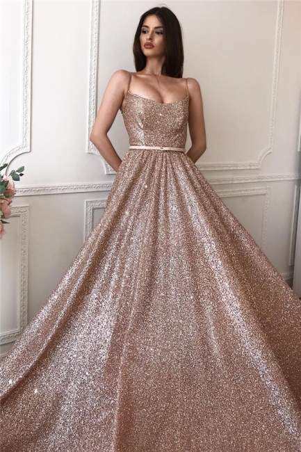 Luxury A-line Spaghetti-Straps Prom Dresses Sleeveless Long Evening Gowns Online