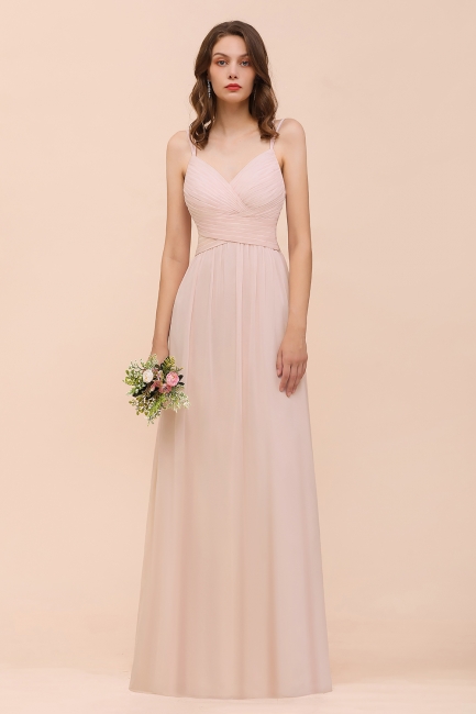Stylish Pearl Pink V-Neck Bridesmaid Dress Chiffon Aline Evening Maxi Dress