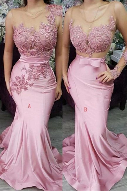 Sexy Jewel Pink Mermaid Prom Dresses Appliques Lace Formal Party Dresses On Sale