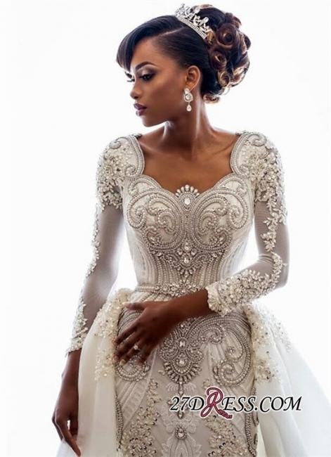 Beads Long Sleeve Wedding Dresses Lace Appliques Mermaid Bridal Gowns On Sale
