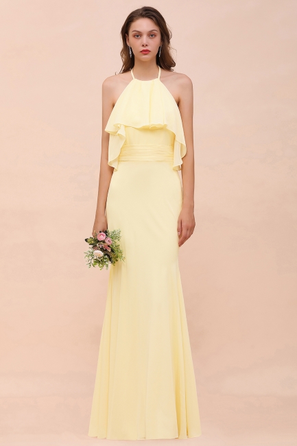 Halter Goose yellow Ruffle Chiffon Mermaid Bridesmaid Dress Floor Length