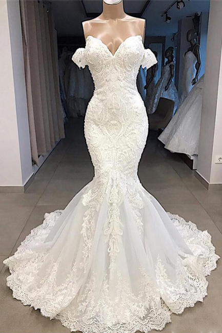 Glamorous Off-the-Shoulder Mermaid White Wedding Dresses Sweetheart Appliques Bridal Gowns Online