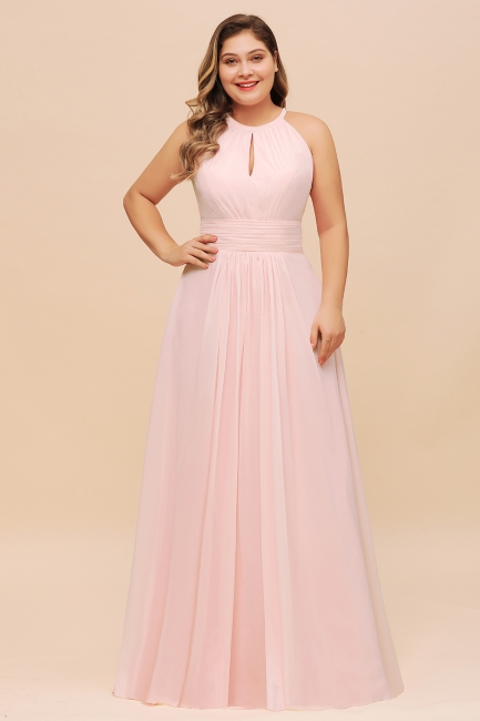 Plus Size Pink Halter Wedding guest Dress Sleeveless Chiffon Aline Bridesmaid Dress
